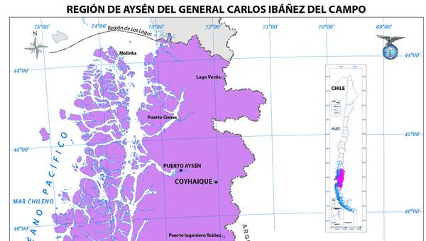 Mapa región de Aysén del General Carlos Ibáñez del Campo (color)