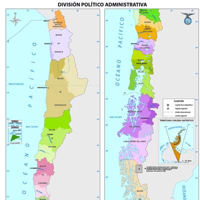 Mapa con la división política de Chile a color