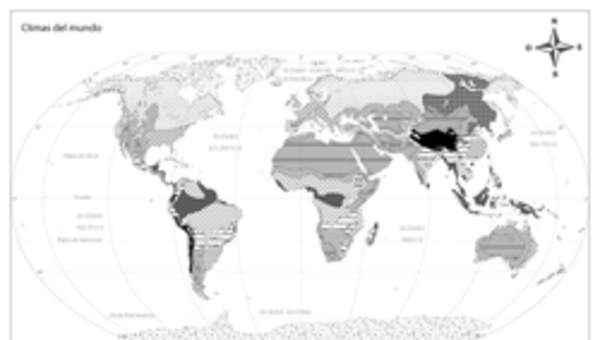 Mapa con climas del mundo en blanco y negro